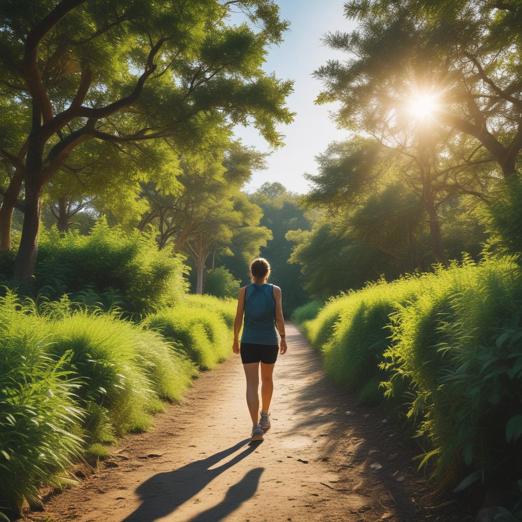 Person walking up a scenic path towards a bright horizon, representing a journey of health and personal transformation.