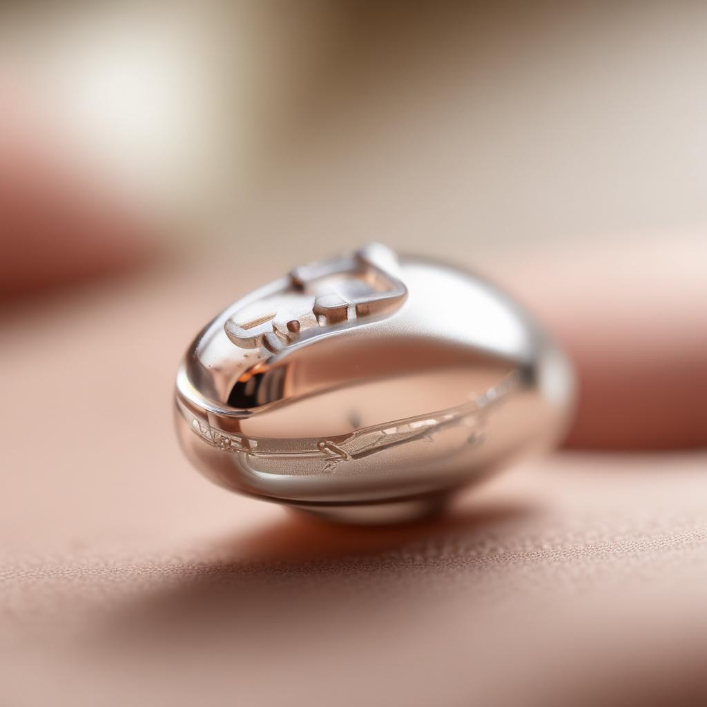 A tiny, sleek, futuristic hearing aid resting delicately on a fingertip, highlighting its advanced and compact design.