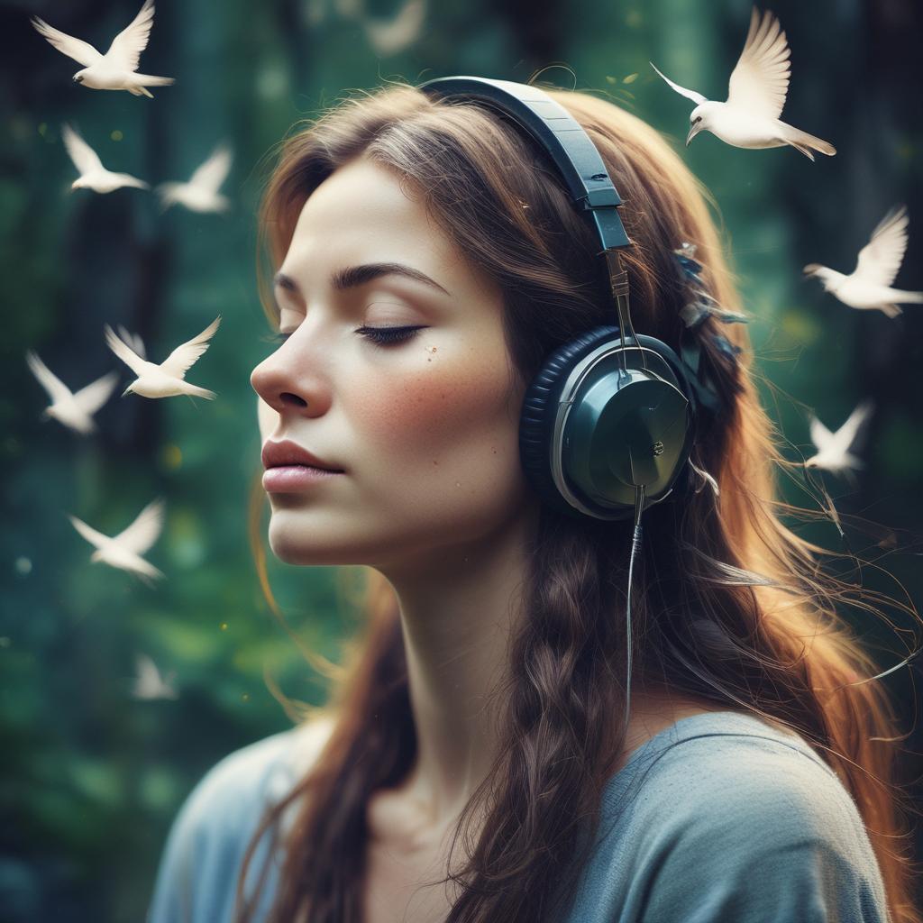 Person enjoying clear natural sounds like birdsong and rustling leaves, feeling content and peaceful.