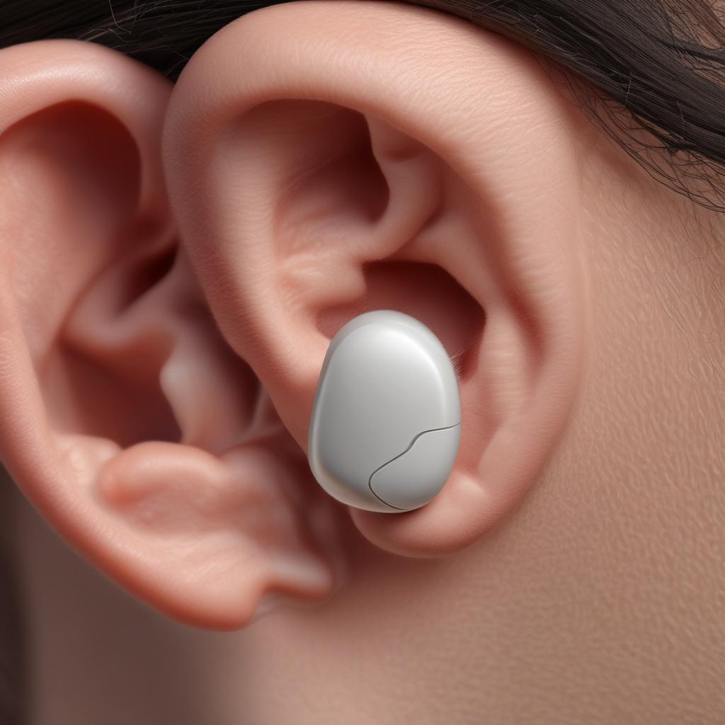 Close-up of a modern, discreet hearing aid behind an ear.