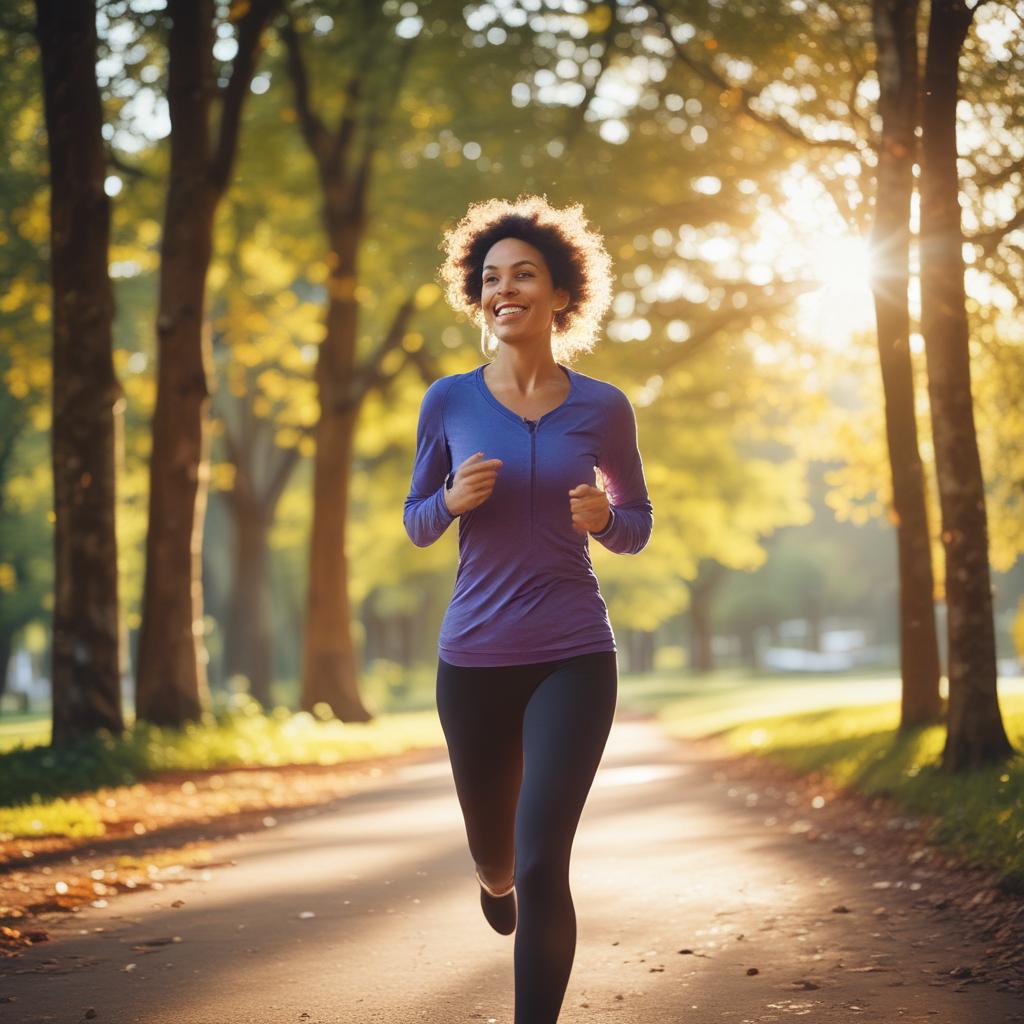 A joyful person with a confident smile, mid-stride during a morning run in a sunny park, showcasing the positive results of a successful weight loss journey.