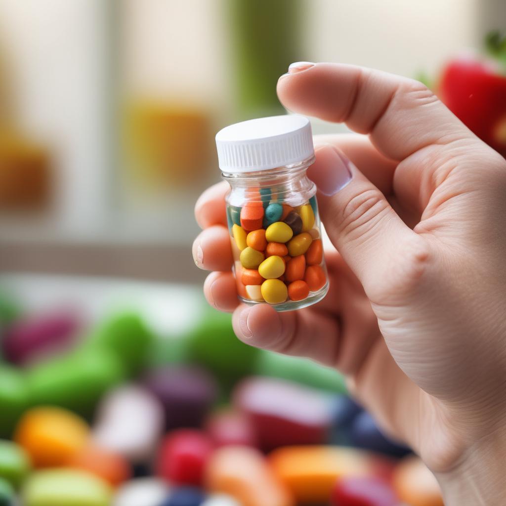 A hand gently holding a weight loss supplement pill or bottle, with a backdrop of fresh, colorful produce like apples and berries, symbolizing natural support for health.