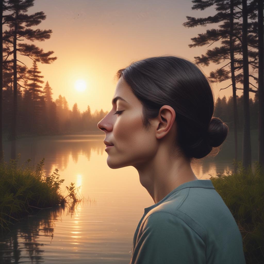 Peaceful person with serene expression, glowing ear symbolizing relief from tinnitus and restored silence in a calm nature setting.